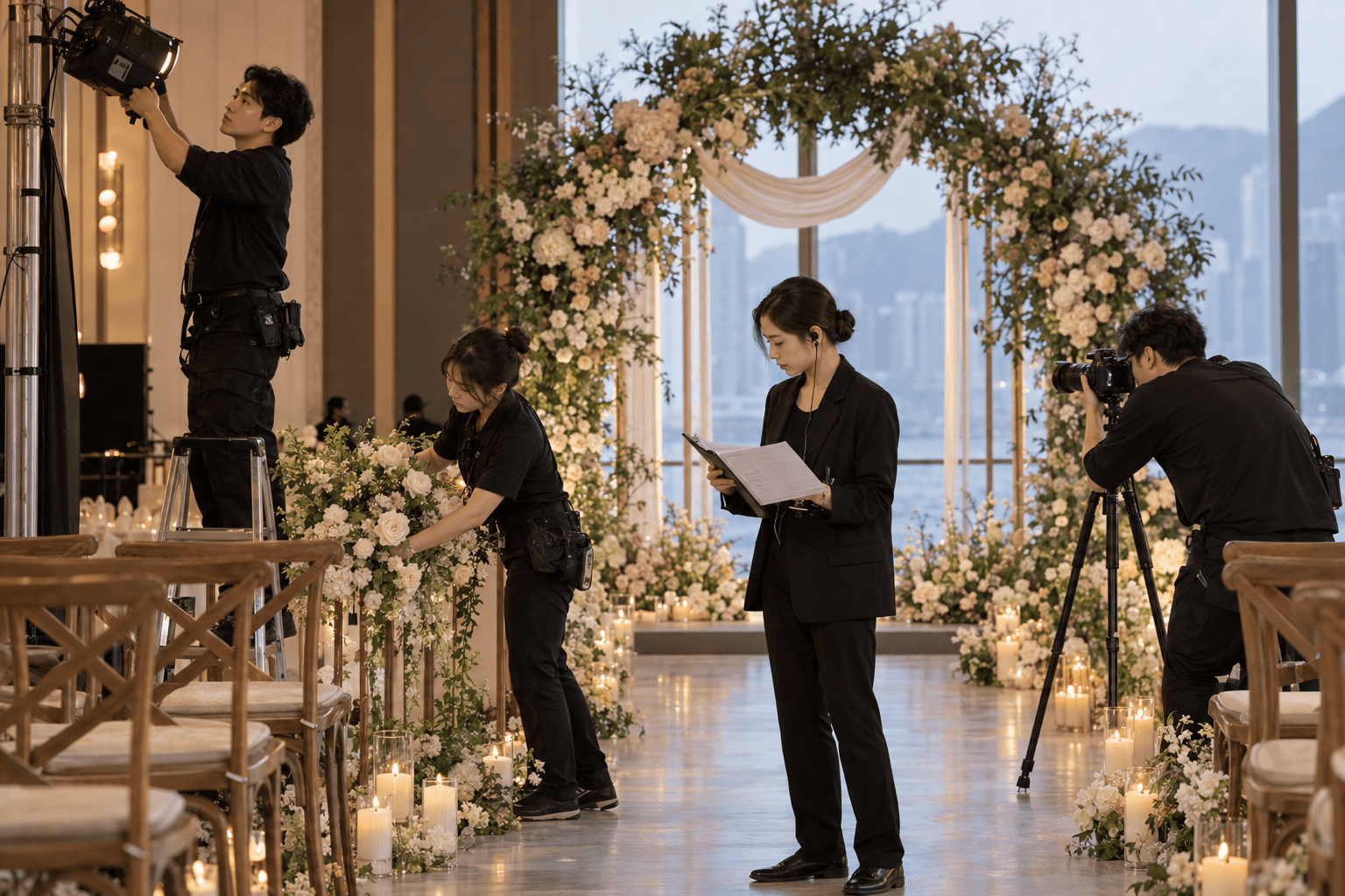 灯光、花艺、搭建与摄影团队在真实流程中联合试拍