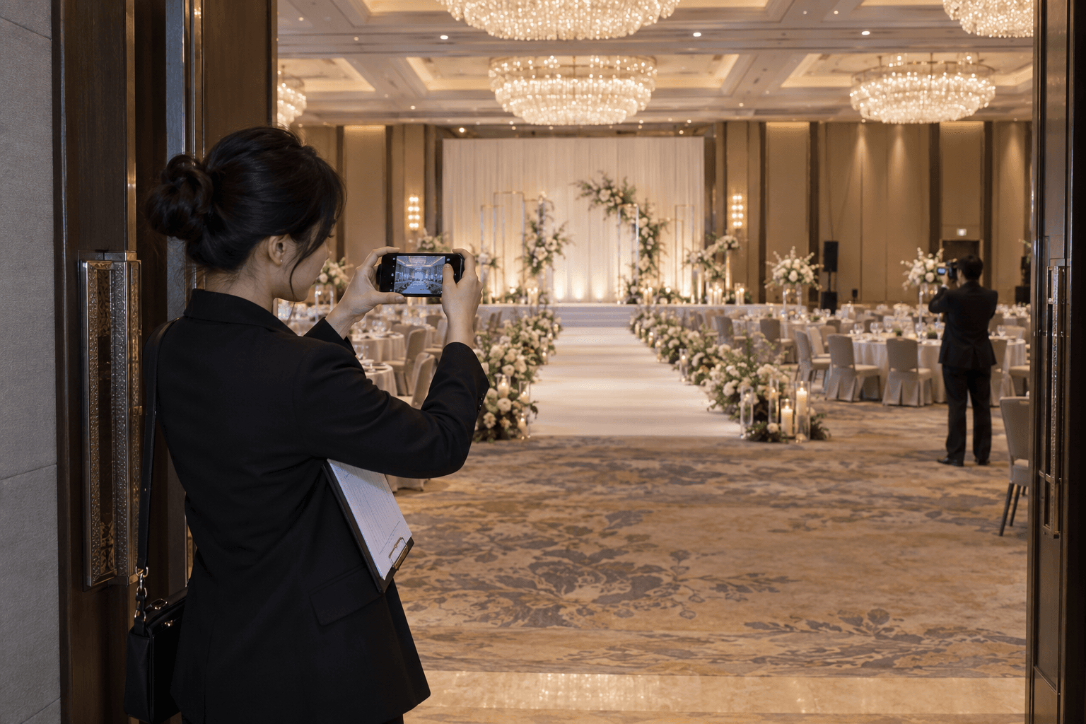 策划师从宴会厅入口按空间顺序记录前后视角