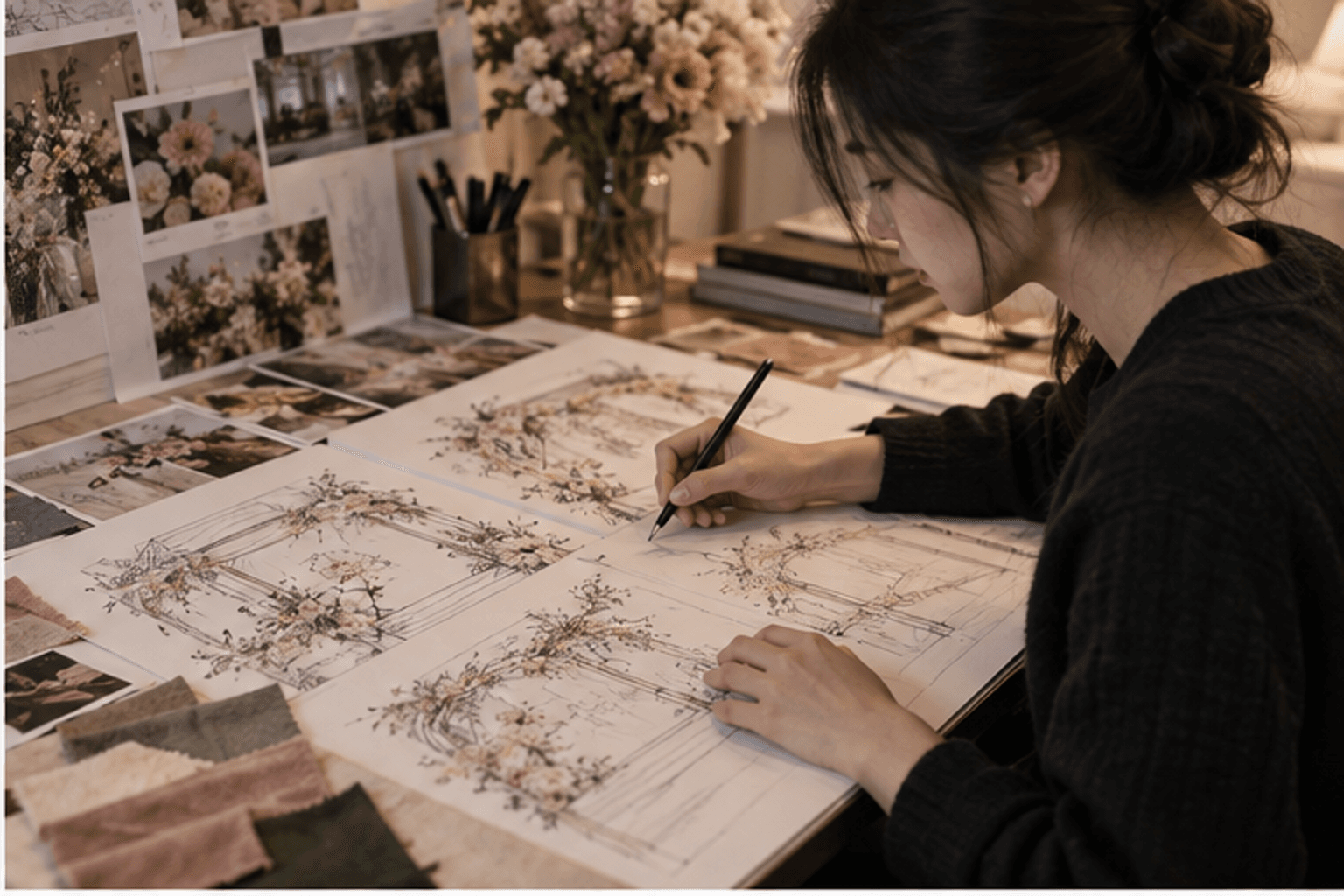 设计师拆解构图与色彩关系并重组原创花艺方案