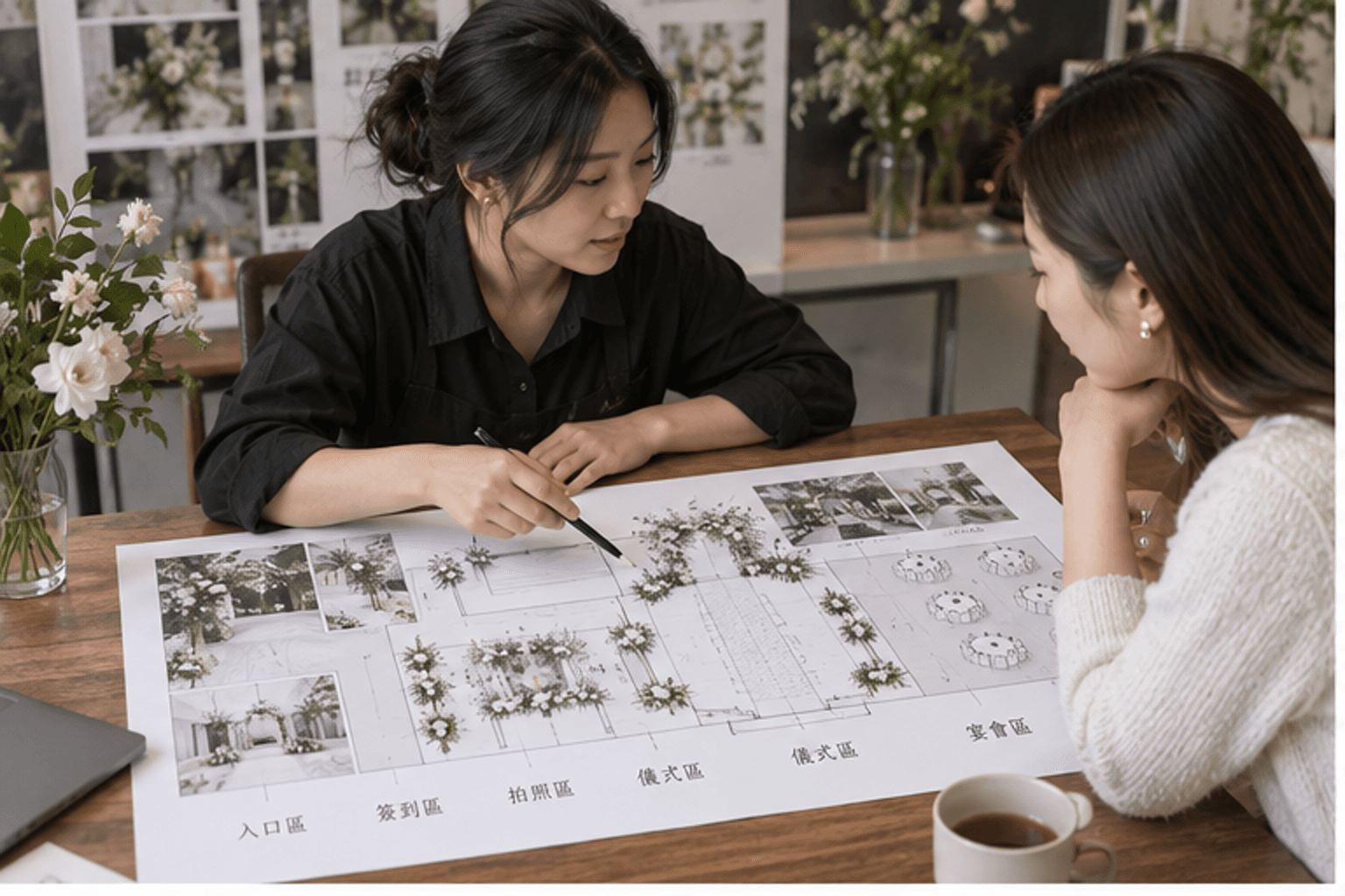 花艺师与新人核对需求、场地和四区关系
