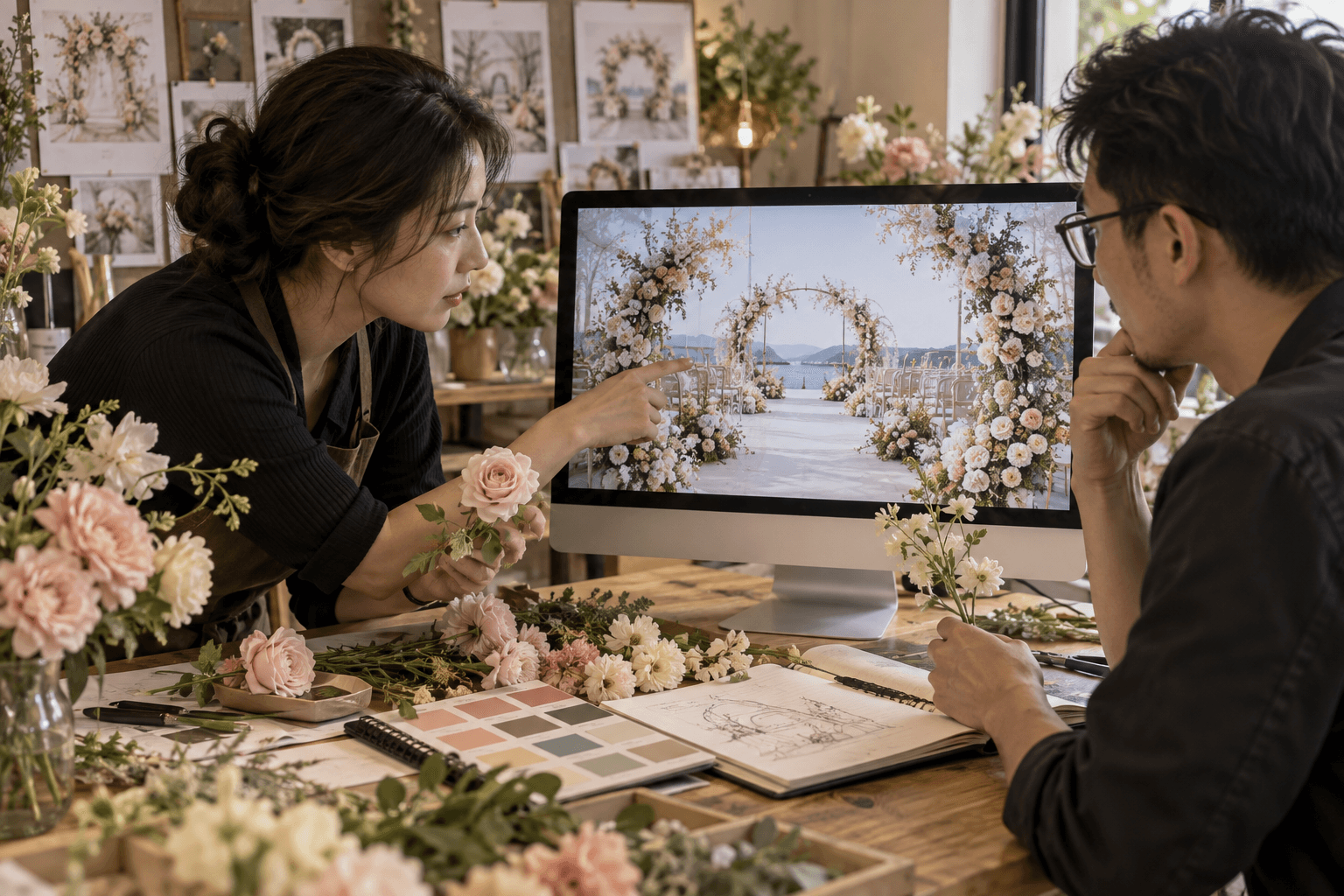 设计师与花艺师核对 AI 画面中的花材和结构