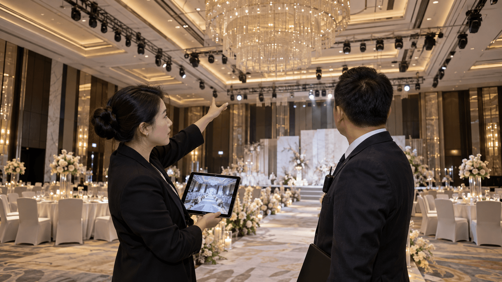 策划师在真实宴会厅对照AI提案与执行条件