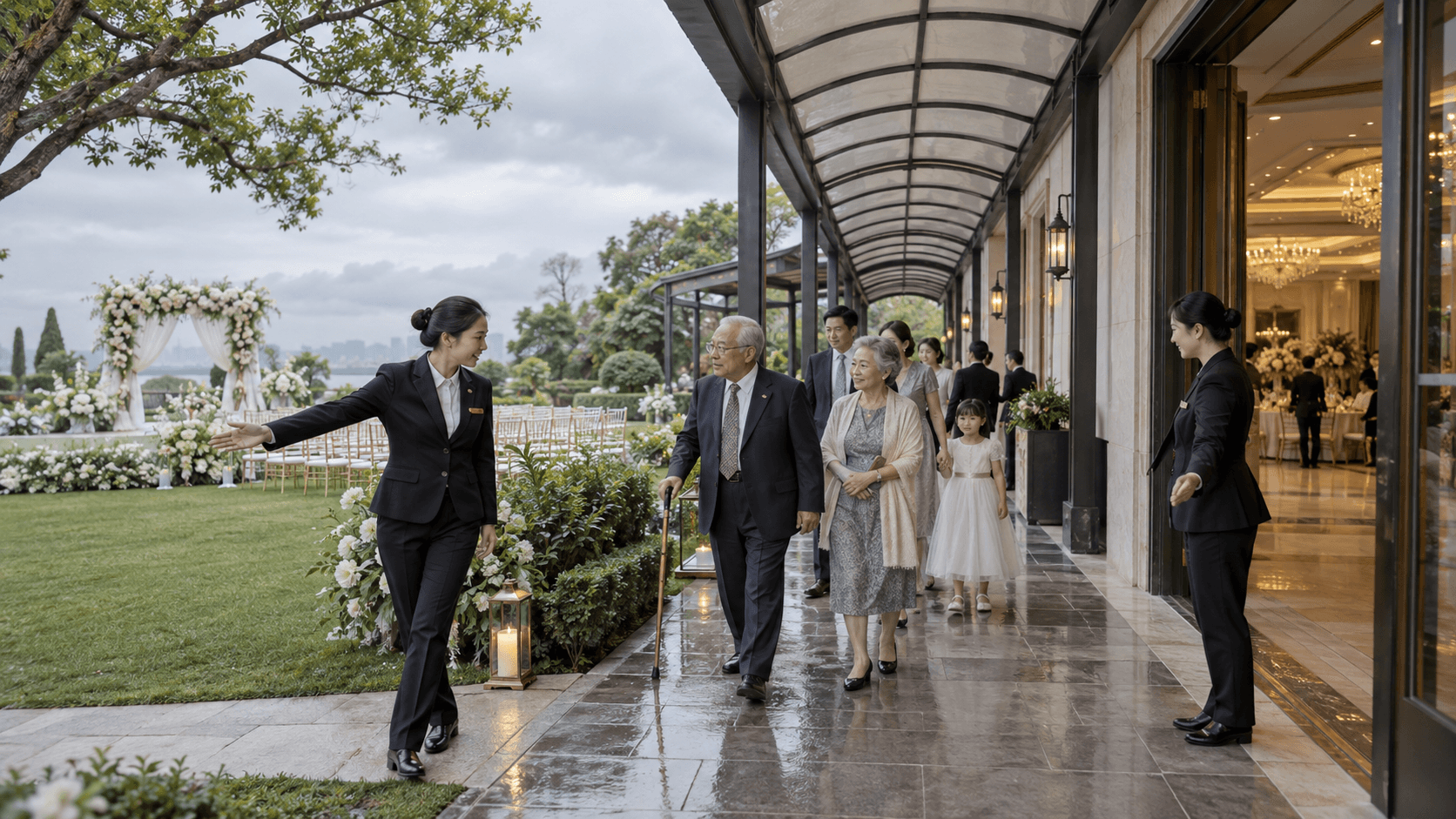 老人儿童与普通宾客沿遮雨路线完成转场演练